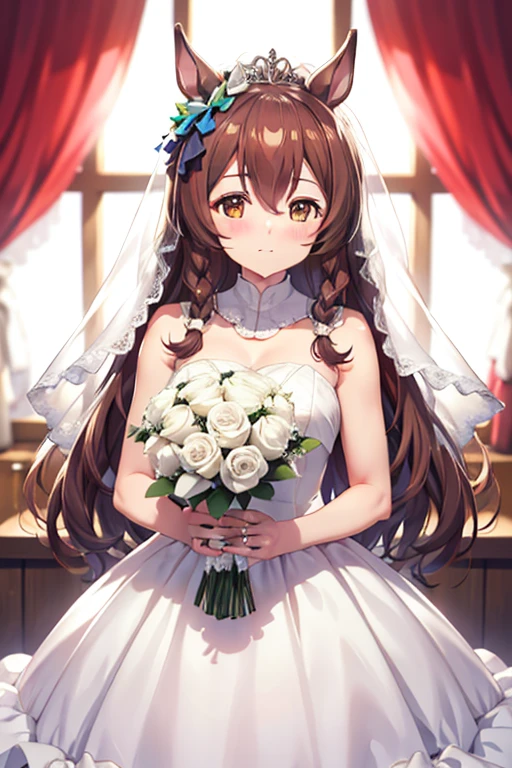 mejiro_bright_(umamusume) wearing a white wedding dress, tiara, wedding veil in front of face, wedding bouquet