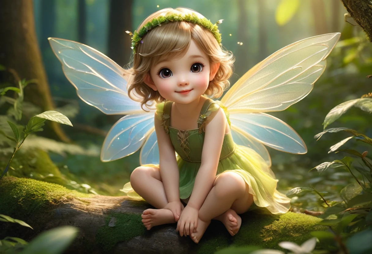Cute Fairy、3A little fairy of a person is playing in the forest、You can see a girl、They have fairy wings and can also fly、Short light brown hair and cute round eyes olive、A slight smil、Perfect litthing、high-detail、high-level image quality、High color rendering、hight resolution、A hyper-realistic、photo realistic