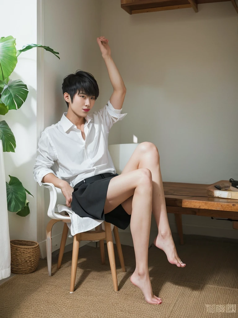 24-year-old handsome man, handsome, beautiful boy, hairy, slim, fair-skinned, Japanese, barefoot, best quality, black flared skirt, white shirt, red lipstick, for foot fetishists, looking at camera, 10cm black high heels, long legs, emphasizes lower body, smell