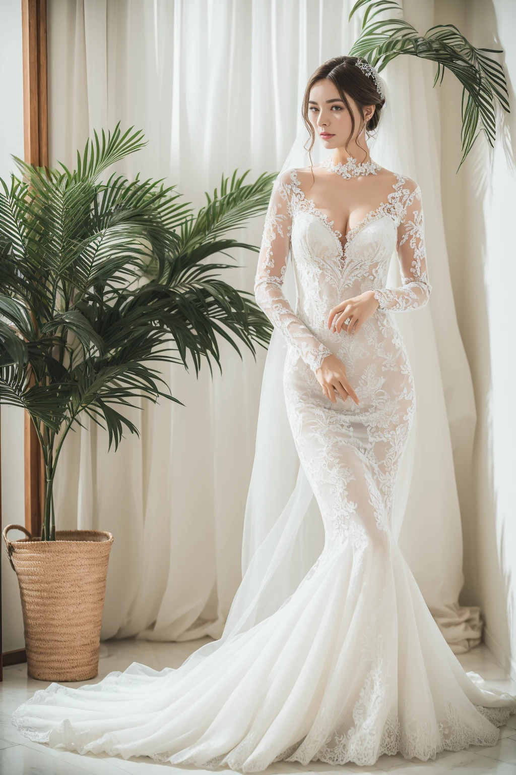 Best quality, 8k, 32k, Masterpiece, Masterpiece, (Photorealistic: 1.4), RAW photo, ultra realistic, 1girl, full body, wearing a white mermaid wedding dress, long-sleeve, floor-length style, lace fabric, Take product photos in white room with indoor decorative palm tree, look straight