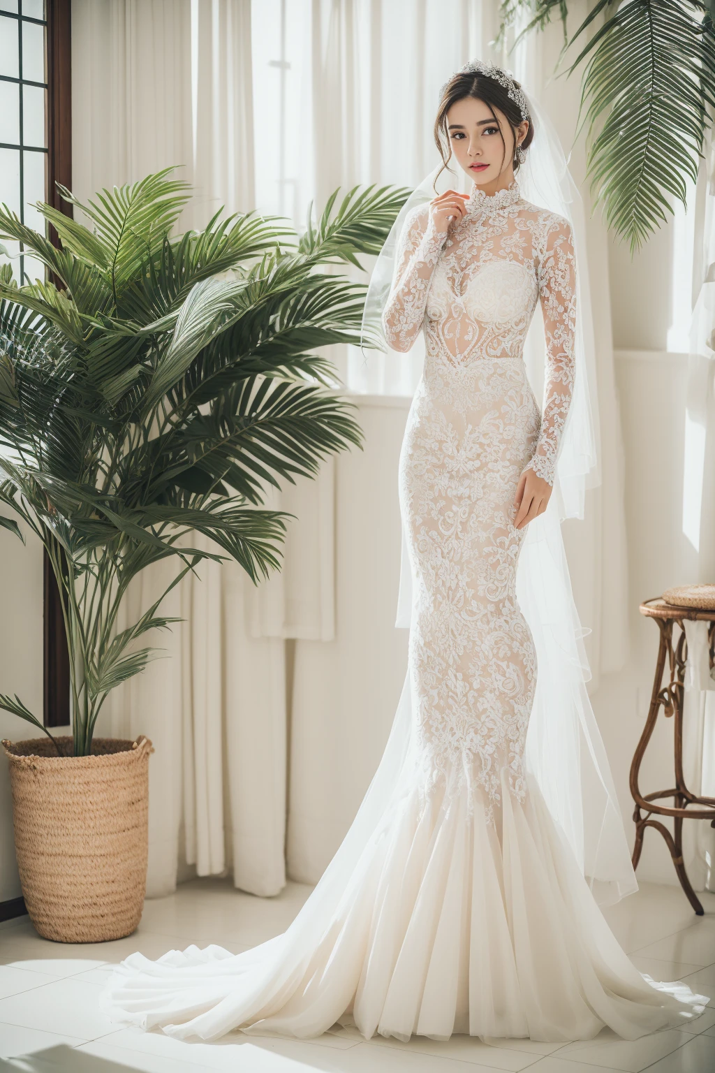 Best quality, 8k, 32k, Masterpiece, Masterpiece, (Photorealistic: 1.4), RAW photo, ultra realistic, 1girl, full body, wearing a white mermaid wedding dress, long-sleeve, floor-length style, lace fabric, Take product photos in white room with indoor decorative palm tree, look straight