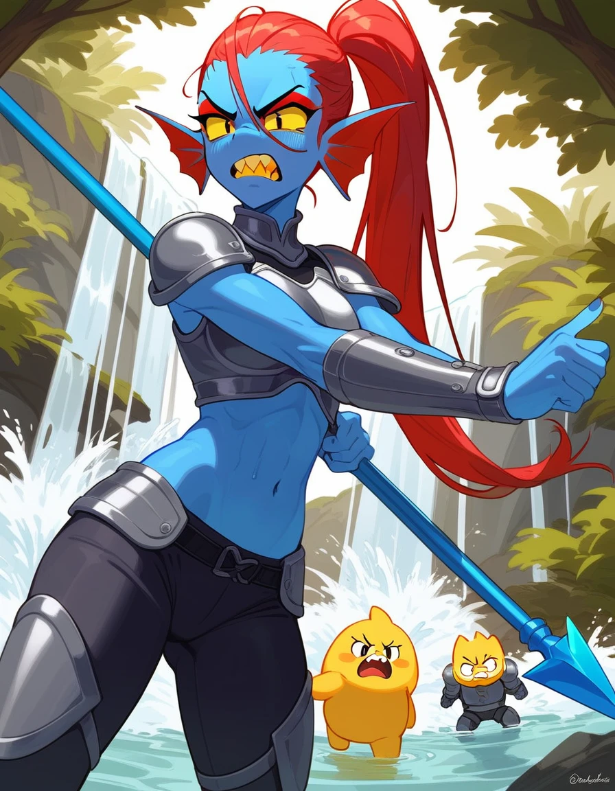 Fraction_9,Fraction_8_direction_7_up, undyne from undertale, angry，Angry expression,Sharp yellow teeth, Eye mask, black eyes, yellow sclera, Wearing gray armor，Holding a blue spear,Standing in front of a waterfall