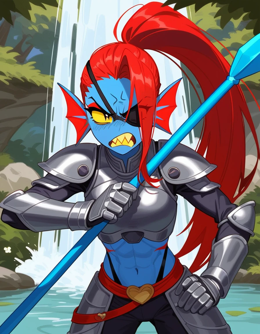 Fraction_9,Fraction_8_direction_7_up, undyne from undertale, angry,Angry expression,Sharp yellow teeth, Eye mask, black eyes, yellow sclera, Wearing gray armor,Holding a blue spear,Standing in front of a waterfall