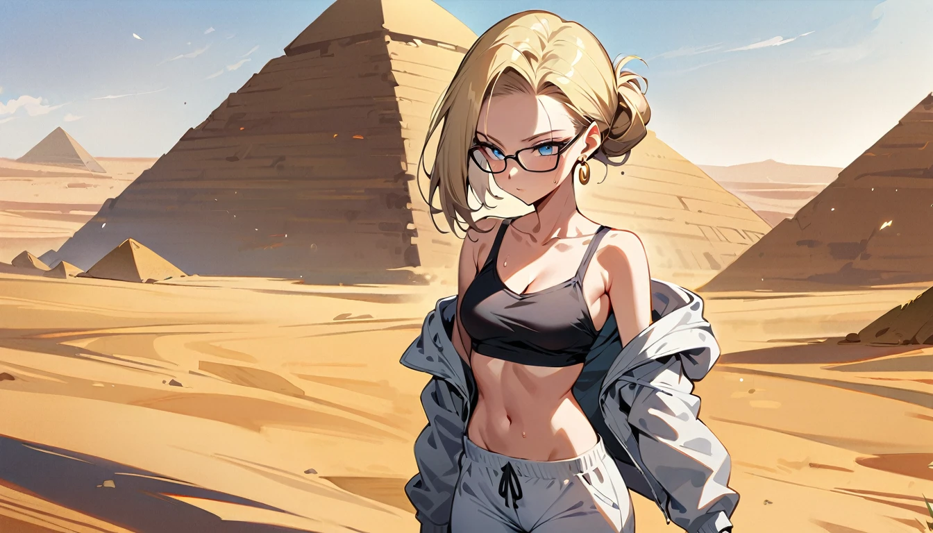 (masterpiece, best quality:1.2), solo, Android 18 from Dragon Ball, (light gray top), ((slip-on crop top)), ((long sweatpants)), ((light gray sweatpants)), (gray hooded jacket), thighs, midriff, small breasts, sweat, blonde hair, (single hair bun), ((blue eyes)), glasses, earrings on earlobes, slender feminine figure, narrow waistline, skinny body, long legs, Egypt, walking across desert, large pyramid, daytime, clear sunny sky, sweating, cleavage, off shoulder, magnificent view, blur background, 4K