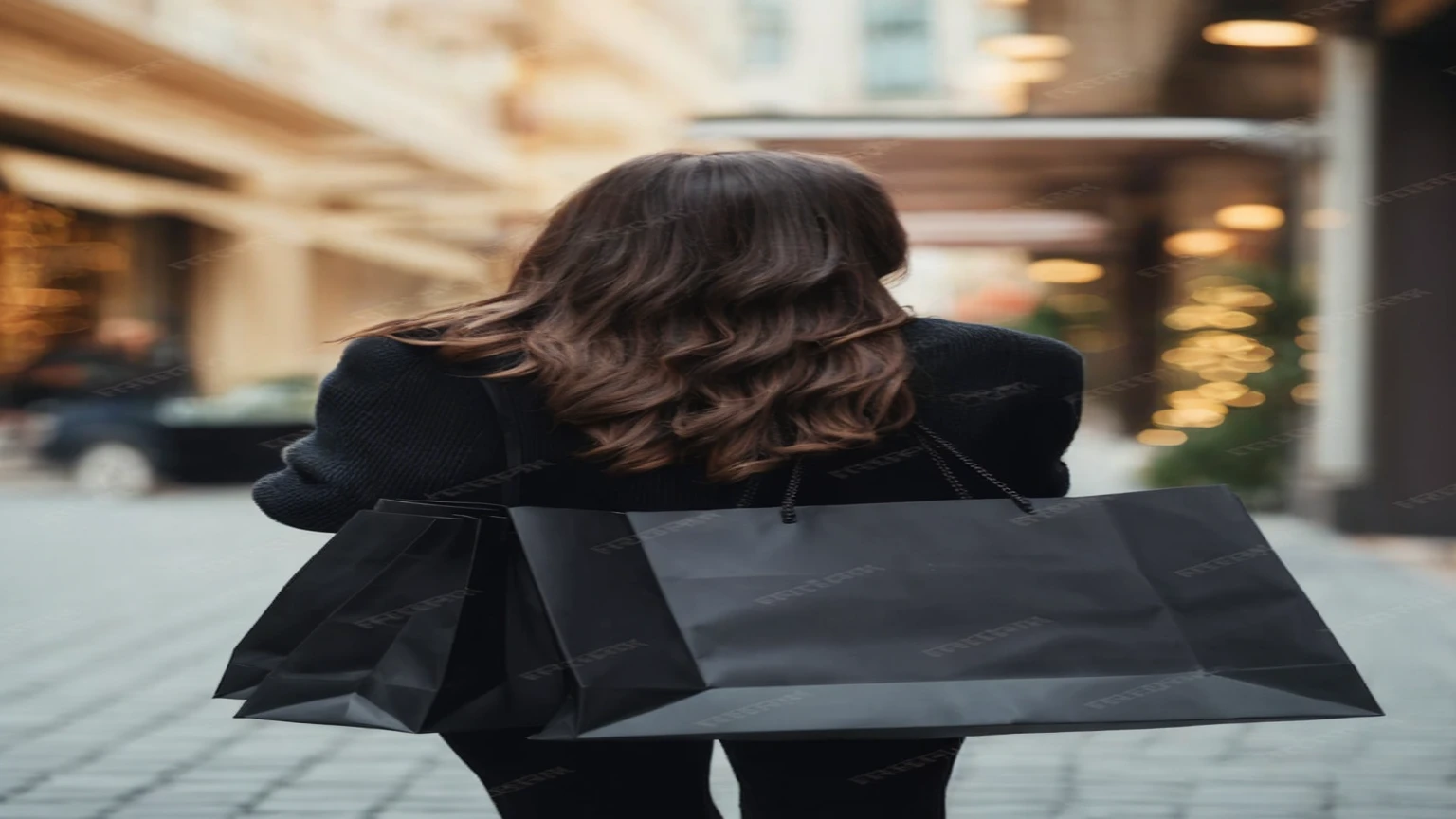 tall, thin woman, long hair, elegant back with shopping bags in her right hand and credit card in her left hand, no background