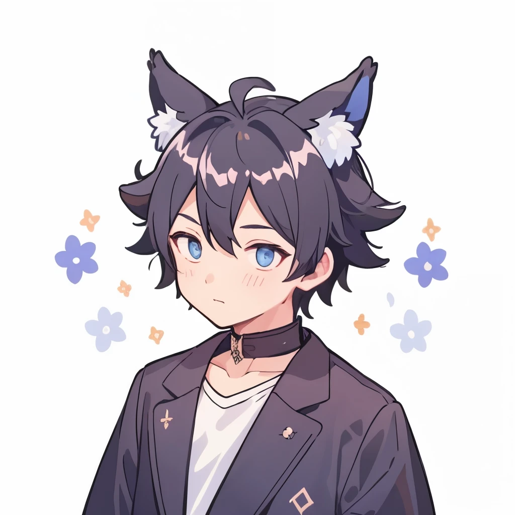 One boy, Black Hair, Iris, Blue wolf ears, cute