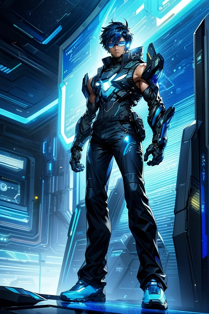 a guy, dark blue hair, crystal blue eyes, tall and quiet fit, bright blue futuristic looking veins on the forearms and hands, futuristic glasses holographic panel infront of the eyes looking like a headset, wearing sleeveless jacket, baggy pants, long boots, neon patterns, futuristic glasses, sci-fi, hightech, glowing blue veins, light skin