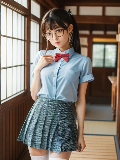 （8k、RAW Photosgraphy、highest quality、masterpiece：1.2),Staring at the audience,Viewed from the front,Short Ponytail,strong,Muchimuchi,??????,student,Light green Bra,White skin,knees,(Black Pantyhose),Absurd,Small Face,,Flat ?????,Part the front hair from the middle、The forehead is visible,(Embarrassed,Squinting my eyes,Glare,strong,skinny,Sanding,Rage)、masterpiece,highest quality、超A high resolution,RAW Photos,Len,Beautiful poop,one person, solo,Glasses,,Small ???????,whole body,Round Glasses、cute、Back to Students,ＪＫ ,high school girl,Japanese women,standing,（Photorealistic：1.37）、Photon Mapping,Realistic、cute face,Brown eye、Black socks、(Red bow tie)、Radio City、Physics-based Lensing、prospect、Depth of written boundary、Blurred Background、picture,Girls、body,Beautiful feet, Long legs, Thin legs,Tie your hair into one strand on your ?????,(I can see the front hair), hair, Lips, green_eye, Nose Soft,(Light blue shirt), (Navy, blue and white checkered pleated skirt), I can see the knees,See-through clothing,, thigh, black cotton socks,Nogizaka Idol, , Japanese Idol, medium ?????? 