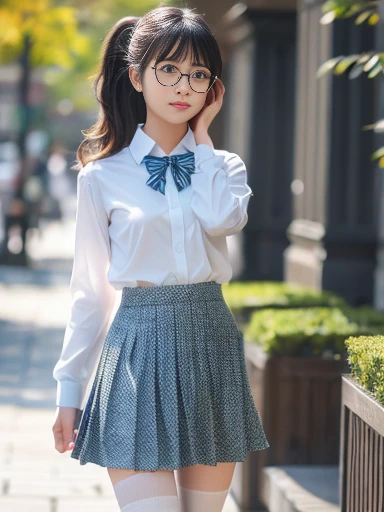 (8k、RAW Photosgraphy、highest quality、masterpiece:1.2),Staring at the audience,Viewed from the front,Short Ponytail,strong,Muchimuchi,erotic,student,Light green Bra,White skin,knees,(Black Pantyhose),Absurd,Small Face,,Flat Chest,Part the front hair from the middle、The forehead is visible,(Embarrassed,Squinting my eyes,Glare,strong,skinny,Sanding,Rage)、masterpiece,highest quality、超A high resolution,RAW Photos,Len,Beautiful poop,one person, solo,Glasses,,Small breasts,whole body,Round Glasses、cute、Back to Students,JK ,high school girl,Japanese women,standing,(Photorealistic:1.37)、Photon Mapping,Realistic、cute face,Brown eye、Black socks、(Red bow tie)、Radio City、Physics-based Lensing、prospect、Depth of written boundary、Blurred Background、picture,Girls、body,Beautiful feet, Long legs, Thin legs,Tie your hair into one strand on your chest,(I can see the front hair), hair, Lips, green_eye, Nose Soft,(Light blue shirt), (Navy, blue and white checkered pleated skirt), I can see the knees,See-through clothing,, thigh, black cotton socks,Nogizaka Idol, , Japanese Idol, medium breast