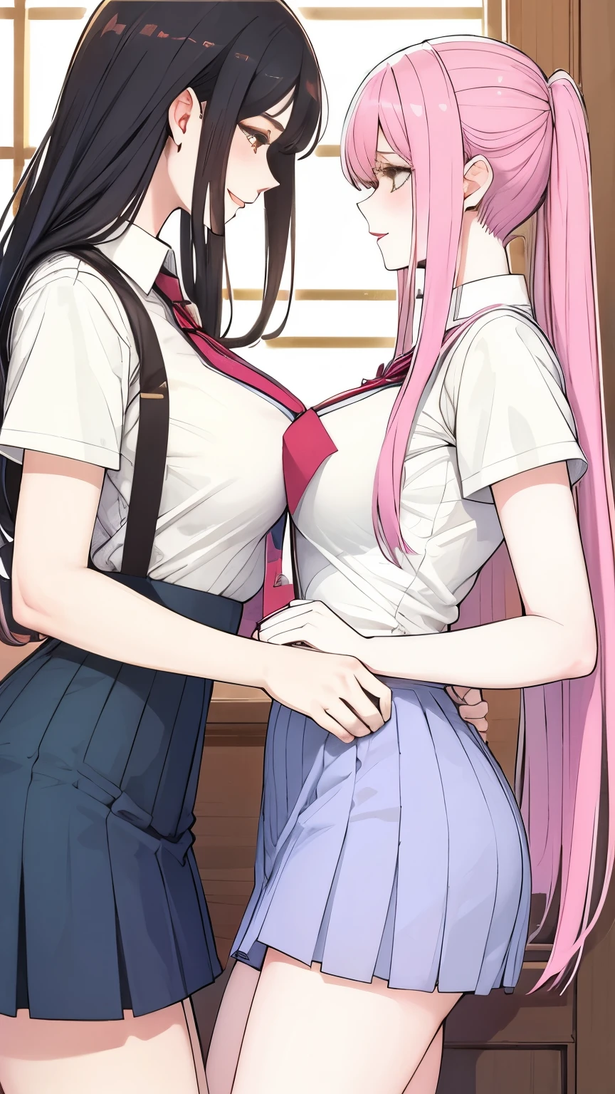 a romantic couple of two tall, slim, beautiful female high school students in school uniforms, intimate lovers, close friends, classmates