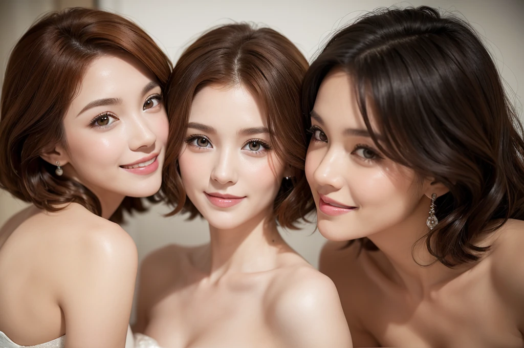two sexy women looking at camera, flustered smiles, wedding dress, short curly auburn hair, various hair colors, portrait, close up to faces