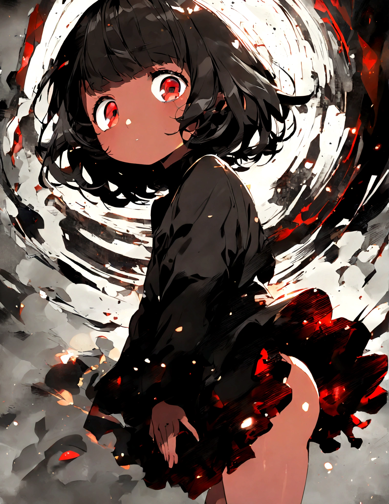 , Black hair, short hair, red eyes, tanned, wearing a black sweater, bare legs, hisako,