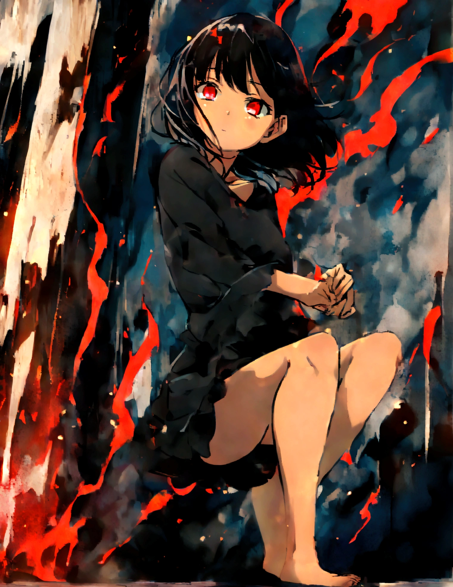 ****, Black hair, short hair, red eyes, tanned, wearing a black sweater, bare legs, hisako,