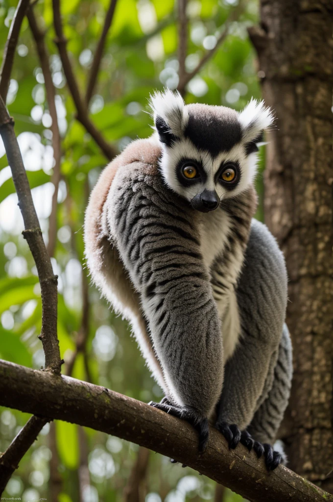 A photograph of the lemur animal, animado, superpoderes, en un bosque
