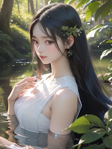 (best quality, 4k, 8k, highres, masterpiece:1.2), ultra-d etailed,(realistic, photorealistic,photo-realistic:1 .37), portrait of fairies,enjoying water play in a beautiful r iver in the forest,fairy with detailed face and hands, enchanted woodland scene, sparkling water, sunlig ht streaming through the trees, vibrant colors, ether eal atmosphere, delicate wings, flowing dresses, mi schievous expressions, shimmering reflections on t he water surface