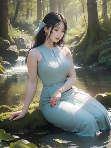 (best quality, 4k, 8k, highres, masterpiece:1.2), ultra-d etailed,(realistic, photorealistic,photo-realistic:1 .37), portrait of fairies,enjoying water play in a beautiful r iver in the forest,fairy with detailed face and hands, enchanted woodland scene, sparkling water, sunlig ht streaming through the trees, vibrant colors, ether eal atmosphere, delicate wings, flowing dresses, mi schievous expressions, shimmering reflections on t he water surface