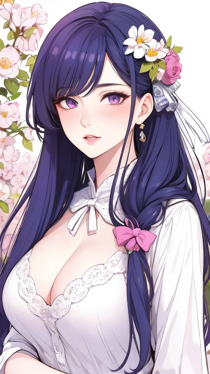 a beautiful woman with long blue hair, wearing a white shirt, standing in a simple white background with pink flowers, detailed face and upper body, detailed hair with bangs, detailed eyes with purple irises, detailed leaves, detailed bow, floral elements, (best quality, 4k, 8k, highres, masterpiece:1.2), ultra-detailed, (realistic, photorealistic, photo-realistic:1.37), portrait, detailed background, 1girl, solo, intricate details, detailed flowers, blue hair, white background, pink flowers, simple background, outline, upper body, white shirt, white flowers, bow, bangs, purple eyes, leaves, blushing