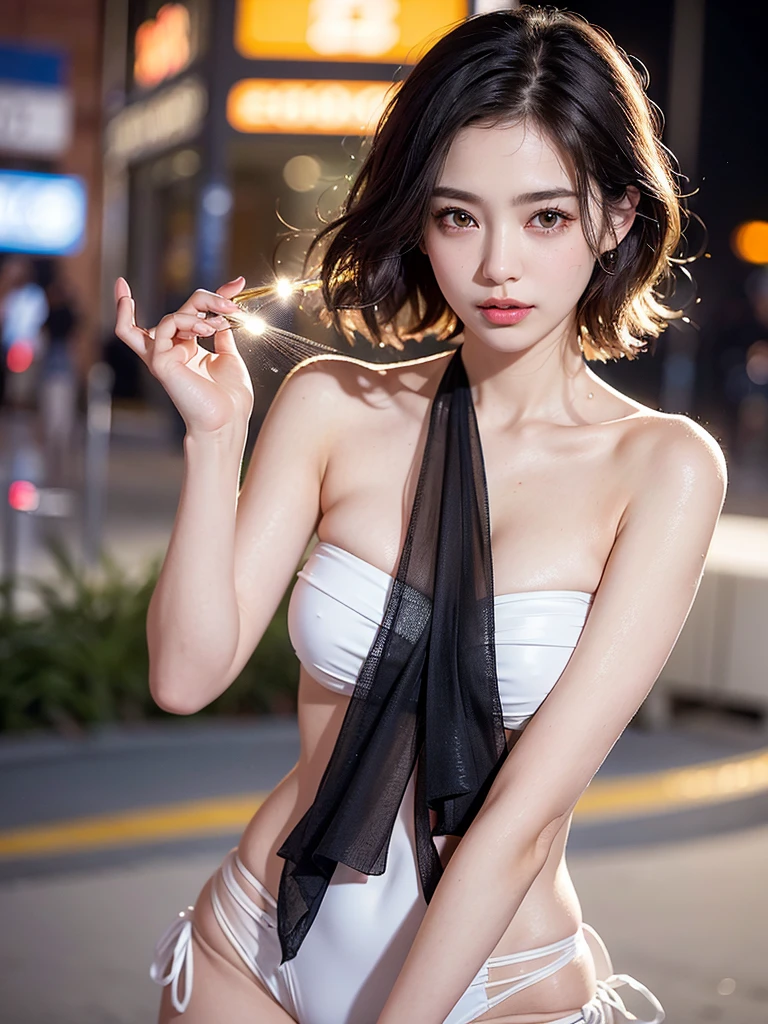 Mix 4, (8K, Live Shooting, highest quality, masterpiece: 1.2), (Real, Photorealistic: 1.37), 一人のgirl, cute, night, rain, Wetty, Professional Lighting, Photon Mapping, Radio City, Physically Based Rendering, Gradient black hair, Gray Hair, Short Curly Hair, good looking, girl, highest quality写真, High resolution, 1080p, (Clear Face), (Detailed face description), (Detailed hand description), (masterpiece), (Exquisite CG)、Extreme light and shadow、Disheveled Hair、Masterwork、Rich details、(Fine facial features)、(highest qualityの写真)、(Masterpiece)、(Detailed eyes)、Look in front of you、Detailed clavicle、((Mid-breasted))、Nipple erection、Sexy、Lady、Clear、Smooth Hair、Clothes are not shiny、nightの砂浜、Swimwear、bikini、