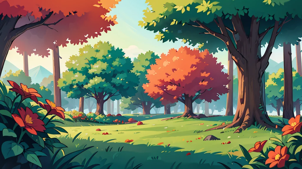 4k ultra HD, landscape, very detailed, perfect lighting, twilight, a beautiful forest green, purple, orange trees, red flowers growing in clusters of 3 in the lush green grass, a giant tree you can't see the top of in the distance