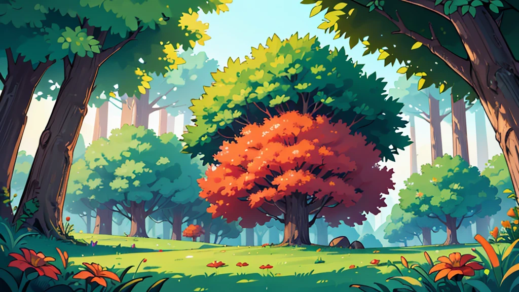 4k ultra HD, landscape, very detailed, perfect lighting, twilight, a beautiful forest green, purple, orange trees, red flowers growing in clusters of 3 in the lush green grass, a giant tree you can't see the top of in the distance