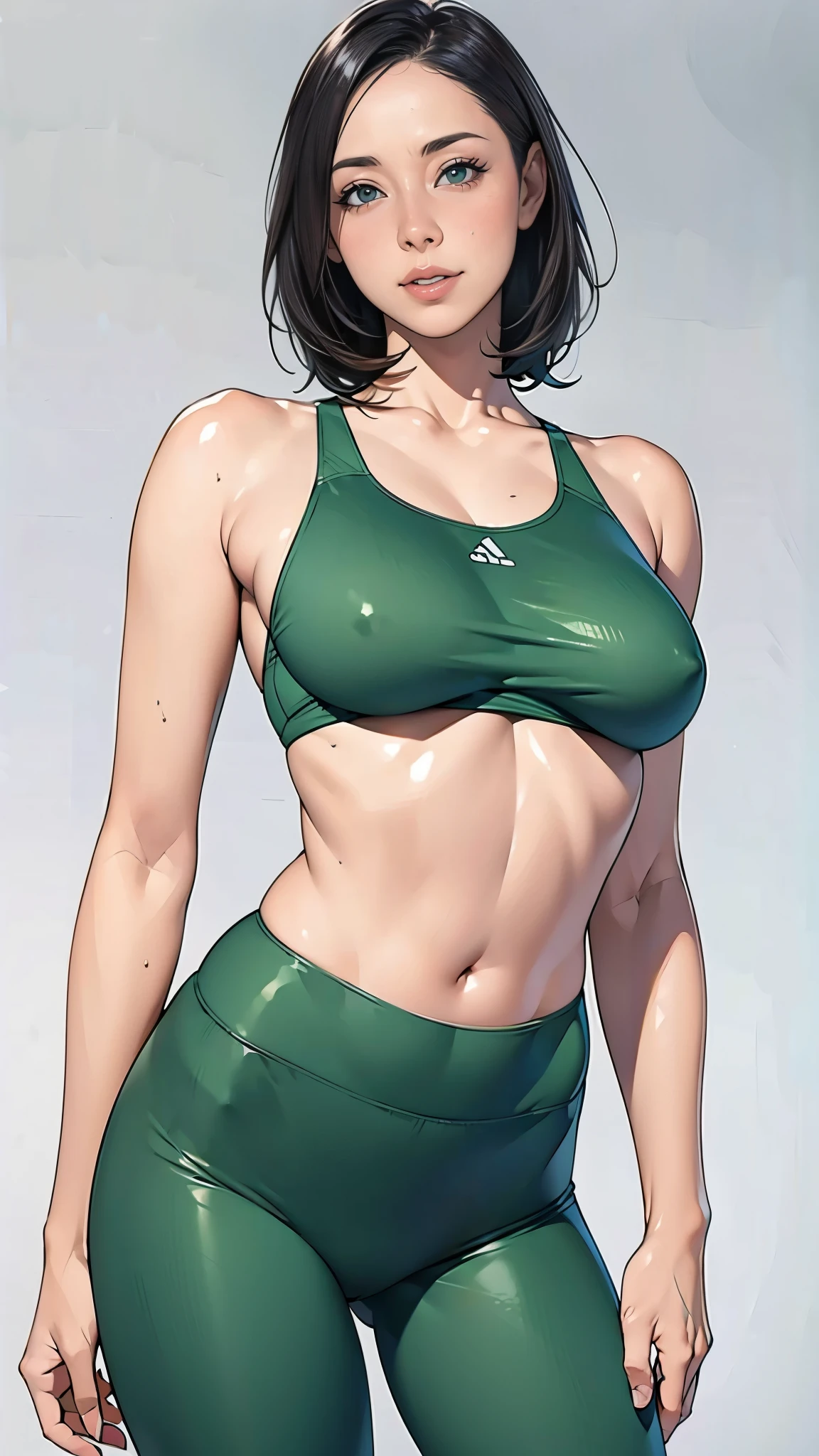 (masterpiece:1.2, highest quality), (Realistic, photoRealistic:1.4),8K,wallpaper,1 female,Mature Woman,50 years old,(A small, form-fitting sports bra),(Leggings that stick to the body),(Polyester leggings),(Green park in the background),(((Background Blur))),(((leggings))),(((betterhand))),Random hairstyle,Random pose