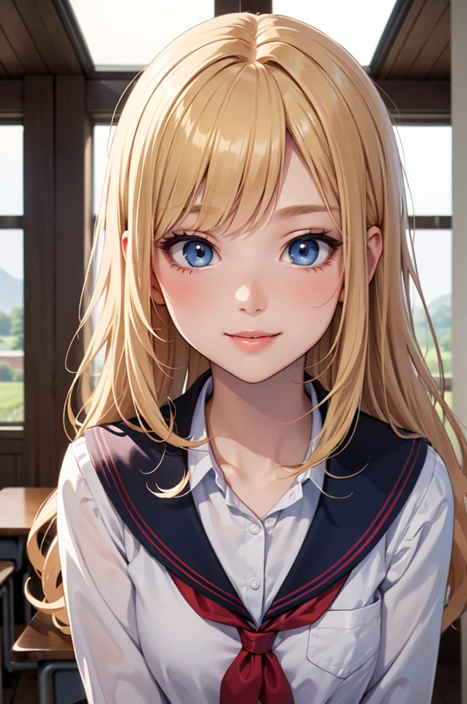 masterpiece、Soft Focus , Bright gradient watercolor、Tabletop, High resolution, 8k, Anime Women, Delicate and detailed writing 、Detailed digital illustration、high resolution, high quality、
masterpiece,8k, (highest quality), (Best Shadow),((rural area)),Dynamic Lighting, (Maximum resolution), (smile),Backlight,Highly detailed face and skin texture, Delicate eyes, Dark blue eyes, double eyelid, Natural Cheeks, White skin: 1.2, (Glossy lips: 1.4),(pretty girl:1.3),(19 years old), (Wavy long hair), ((blonde:1.2)),((school uniform)),Fuga's Chest,Camel Toe,thigh,White panties