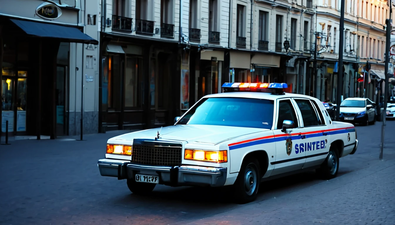 police car parked, close to the sidewalk, city center, no people on the street, late afternoon, sinister atmosphere