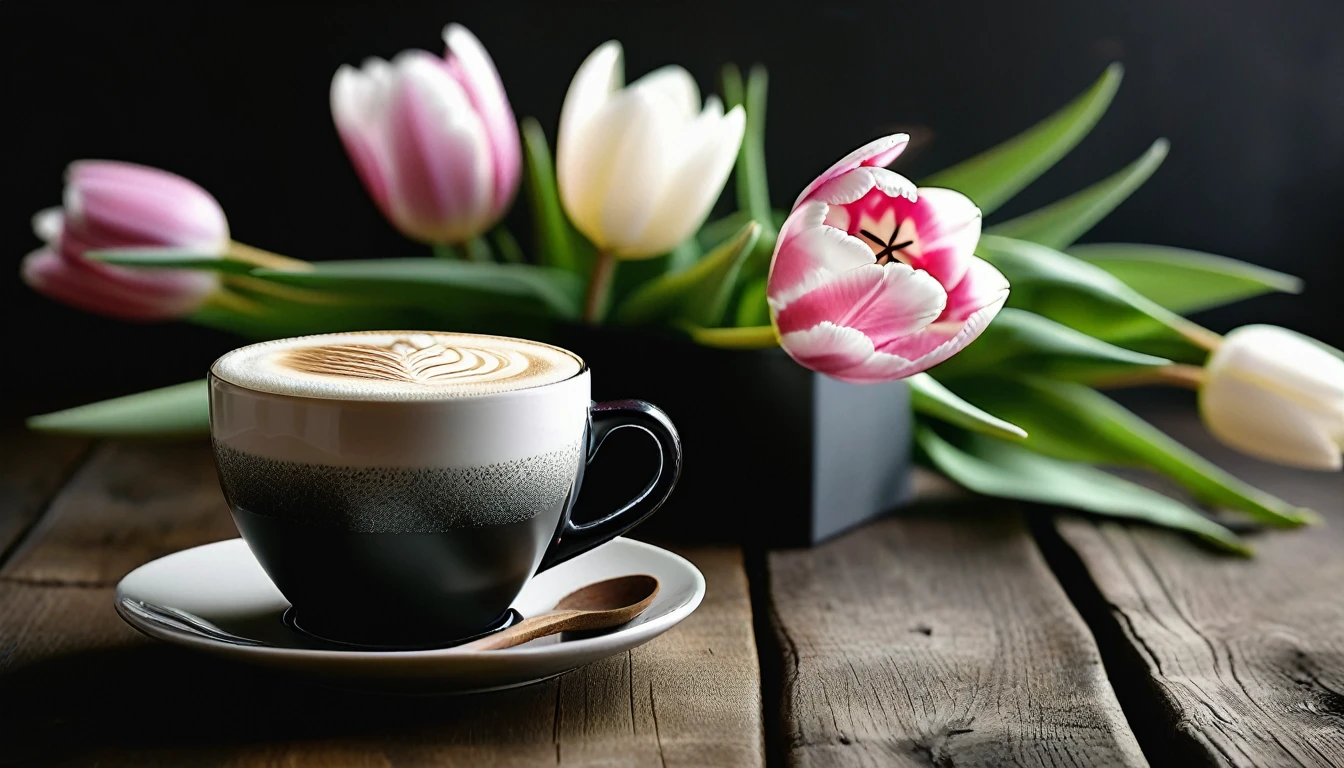 Two pink and white tulips naturally laid Flat on wooden table.BeautiFul latte art For a cup oF latte coFFee.There is slight smoke in the black frosted ceramic cup.Sophisticated and elegant..超级detailed.detailed,tonal texture.Obvious contrast oF light and shadow.High-end and quality.halF-length view , 50 mm , F/1.8 , Shutter speed 1/60 , ISO 50 ,Color temperature 4000k, masterpiece.First-person view.No humans.Ultra wide angle, Fresh and bright light and shadow.Excellent composition.Leave space at the bottom oF the screen.Tulips out oF Frame.Outside the border, Anatomically correct, best quality, masterpiece