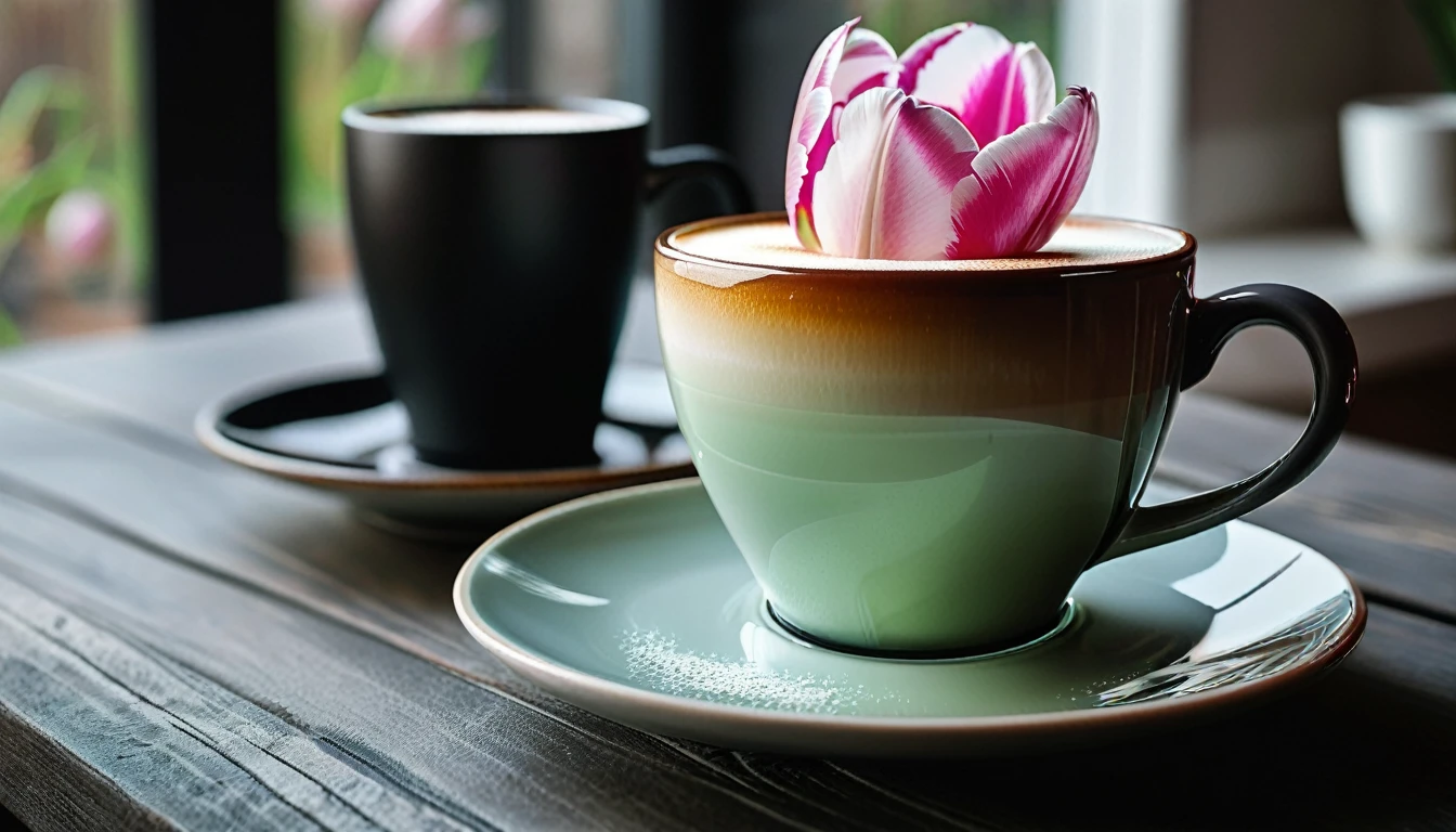 Two pink and white tulips naturally laid Flat on wooden table.BeautiFul latte art For a cup oF latte coFFee.There is slight smoke in the black frosted ceramic cup.Sophisticated and elegant..超级detailed.detailed,tonal texture.Obvious contrast oF light and shadow.High-end and quality.halF-length view , 50 mm , F/1.8 , Shutter speed 1/60 , ISO 50 ,Color temperature 4000k， masterpiece.First-person view.No humans.Ultra wide angle, Fresh and bright light and shadow.Excellent composition.Leave space at the bottom oF the screen.Tulips out oF Frame.Outside the border, Anatomically correct, best quality, masterpiece