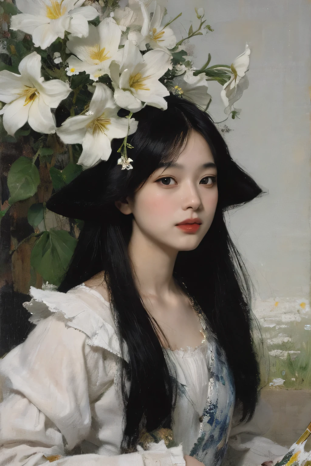 (painting:1.5), \\ One with black hair、Woman with white flowers in her hair lies in a field of white flowers, (Amy Saul:0.248), (Liu Stanley:0.106), (a detailed painting:0.353), (gothic art:0.106)