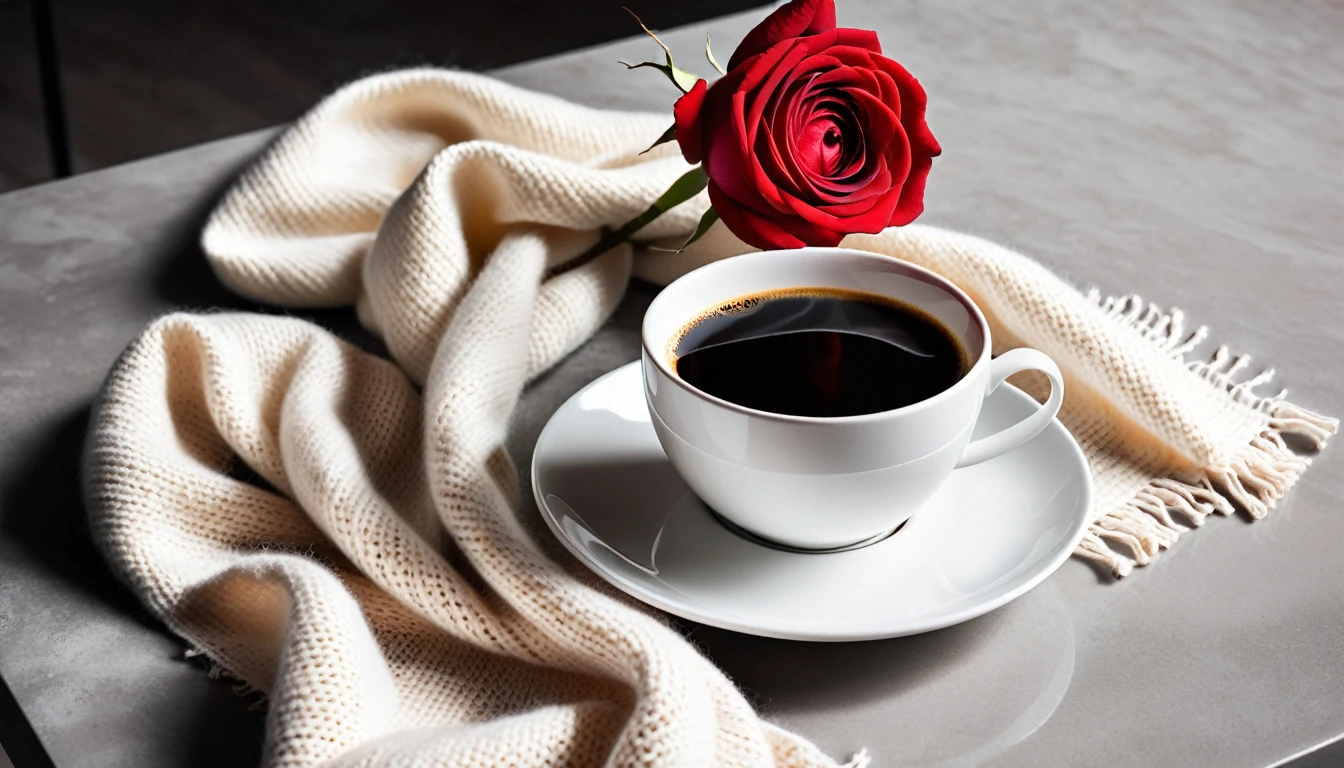 Best Still Life Composition,There is slight smoke in the white ceramic cup.Artist coffee impression.White woolen scarf,clear texture,Place randomly,Sophisticated and elegant.A fresh red rose laid flat from above(Lying flat on the table).latté.modern style.Super detailed.Natural light and shadow.No humans.Ultra wide angle, Fresh and bright light and shadow.Excellent composition