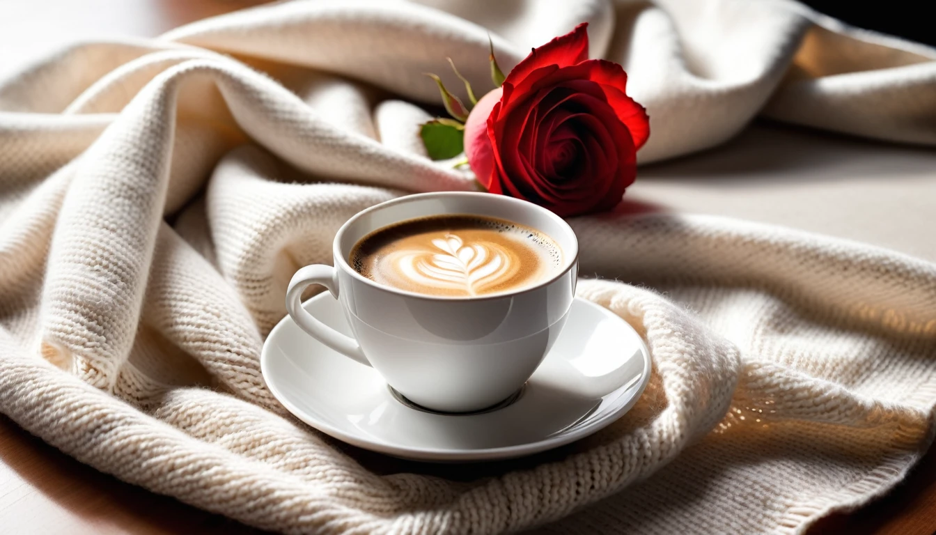  Best Still Life Composition，There is slight smoke in the white ceramic cup.Artist coffee impression.White woolen scarf，clear texture，Place randomly，Sophisticated and elegant.A fresh red rose laid flat from above(Lying flat on the table).latté.modern style.Super detailed.Natural light and shadow.No humans.Ultra wide angle, Fresh and bright light and shadow.Excellent composition