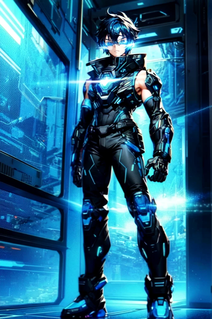 a guy, dark blue hair, crystal blue eyes, tall and quiet fit, bright blue futuristic looking veins on the forearms and hands, futuristic glasses holographic panel infront of the eyes looking like a headset, wearing sleeveless jacket, baggy pants, long boots, neon patterns, futuristic glasses, sci-fi, hightech, glowing blue veins, light skin