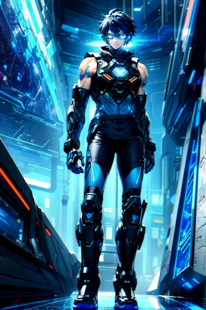 a guy, dark blue hair, crystal blue eyes, tall and quiet fit, bright blue futuristic looking veins on the forearms and hands, futuristic glasses holographic panel infront of the eyes looking like a headset, wearing sleeveless jacket, baggy pants, long boots, neon patterns, futuristic glasses, sci-fi, hightech, glowing blue veins, light skin