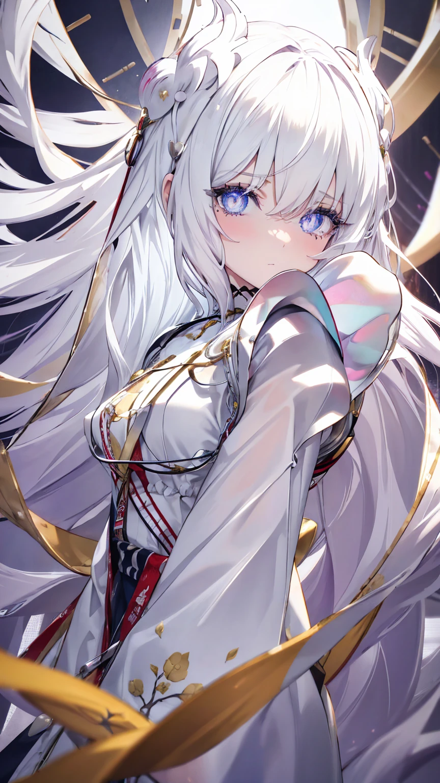 profile background, anime girl, long white hair, eyes yellow, clingy clothes, high-res portrait, vibrant colors, character, fantasy, advanced urban, looking from behind at viewer, high resolution, a good body, blush, (detailed and beautiful eyes:1.6), highly detailed face, (perfect hands, perfect anatomy) high detail skin, high detail hair, ultra detailed, best quality, photorealistic, 1girl, 8k