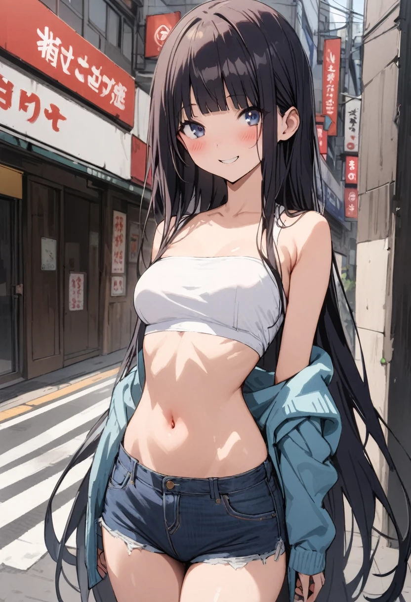 (((masterpiece, highest quality:1.3,absurdres))),25 year old beauty,solo,((very small head:1.2)),long hair,bangs,dark blue hair,dark blue eyes,gorgeous eyes,blush,smile,medium breasts,((very long body:1.2)),((toned body,slender body)),skinny,gleaming skin,shiny skin,((Denim hot pants)),((dark blue cardigan、White tube top,navel)),on street,Tokyo、