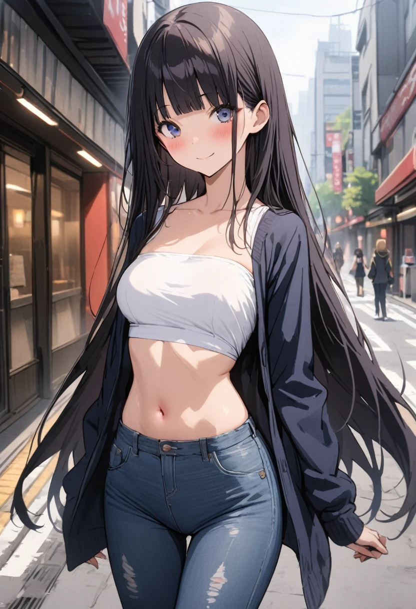 (((masterpiece, highest quality:1.3,absurdres))),25 year old beauty,solo,((very small head:1.2)),long hair,bangs,dark blue hair,dark blue eyes,gorgeous eyes,blush,smile,medium breasts,((very long body:1.2)),((toned body,slender body)),skinny,gleaming skin,shiny skin,((Denim hot pants)),((dark blue cardigan、White tube top,navel)),on street,Tokyo、