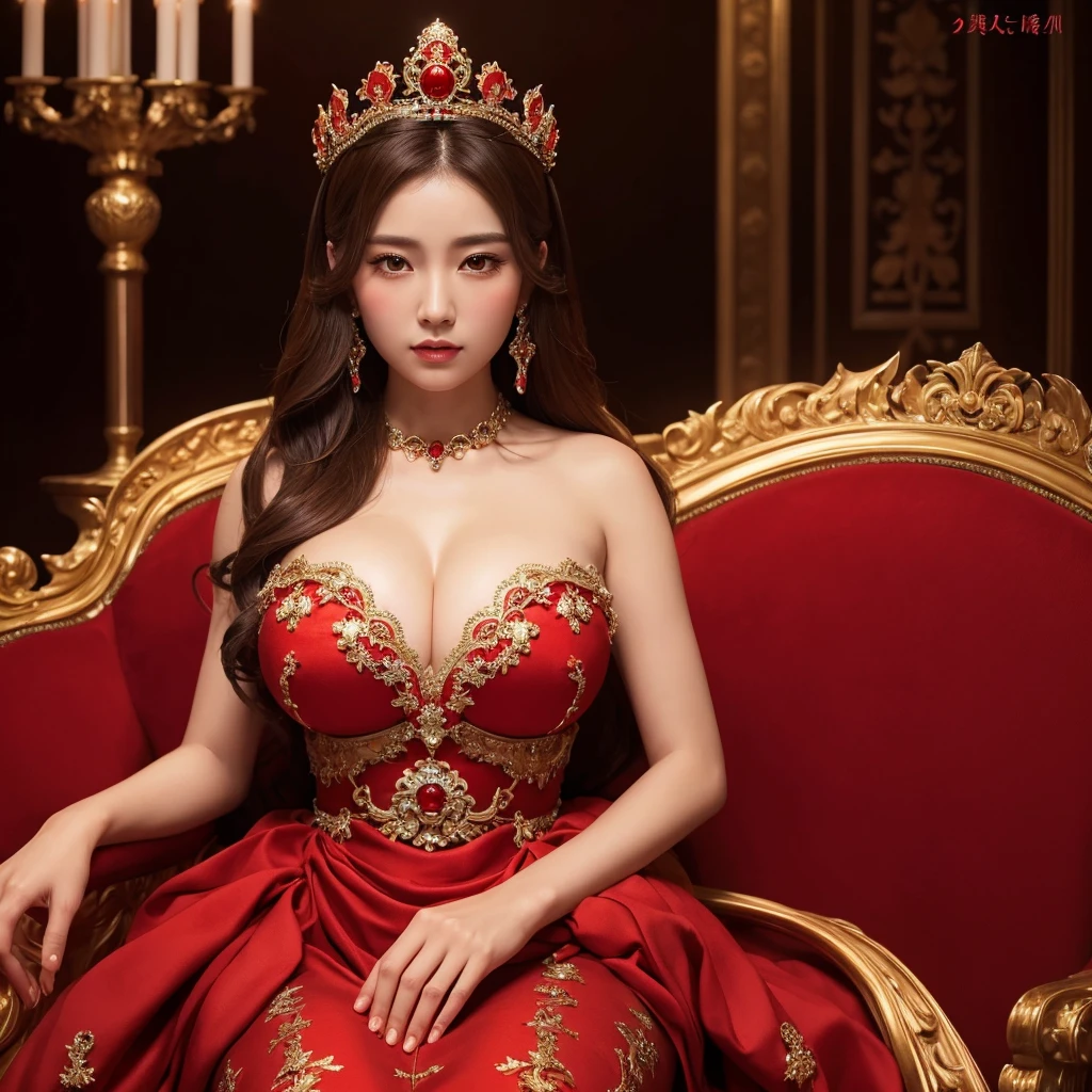 a woman with exaggerated large breasts, confident sitting on a throne, wearing a gorgeous red dress, a large ornate crown on her head, looking down at the viewer, detailed facial features, hyper-realistic, 8k, ultra-detailed, photorealistic, masterpiece, dramatic lighting, cinematic, oil painting、She is a Japanese woman