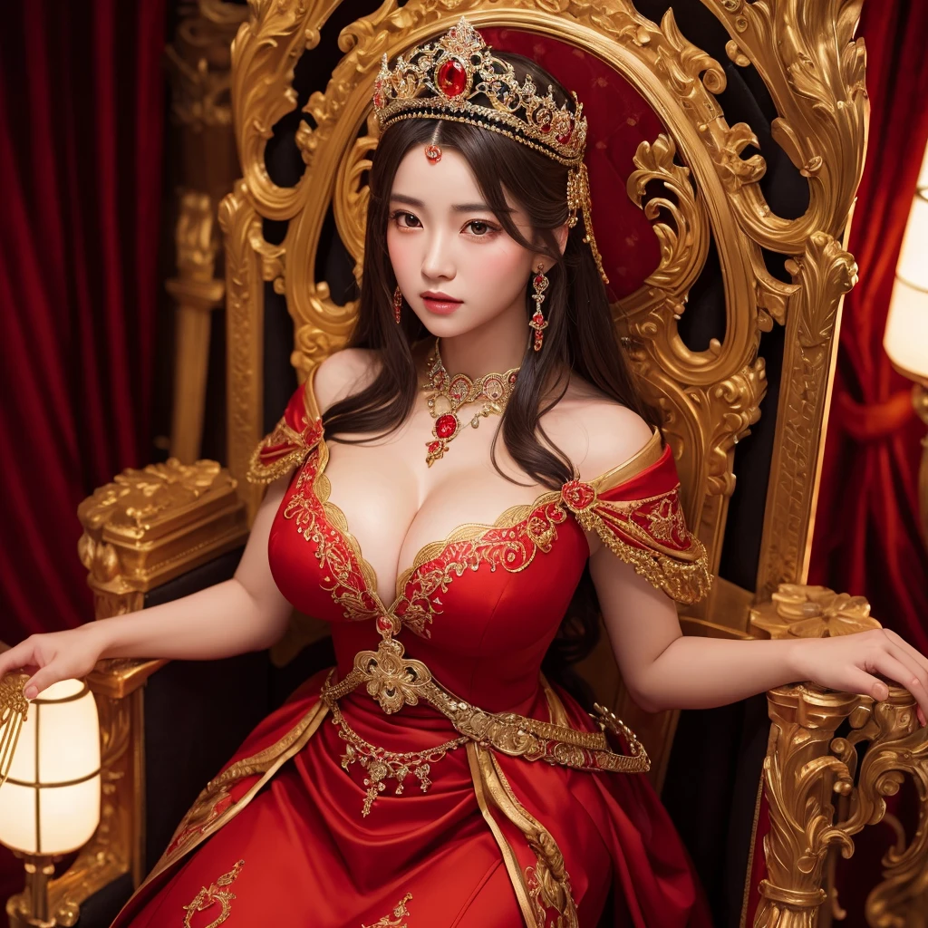 a woman with exaggerated large breasts, confident sitting on a throne, wearing a gorgeous red dress, a large ornate crown on her head, looking down at the viewer, detailed facial features, hyper-realistic, 8k, ultra-detailed, photorealistic, masterpiece, dramatic lighting, cinematic, oil painting、She is a Japanese woman