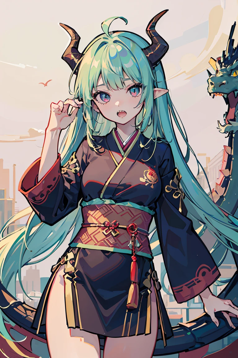 (1 girl), (Dragon Girl), ((Oriental dragon horns growing from the head)), Asymmetrical Hairstyles, (super high quality), masterpiece, Cowboy Shot,Dragon's Eye, Crimson Hair, Mid cut, Tie the ends of your hair, Casual Scene, She is wearing fashionable clothes, sun, Emits warm tones, Street atmosphere, Perfect body, (E Cup:1.2), Please open your mouth wide, (Jagged teeth), Fresh, (Long bangs:1.3)Highly detailed face and eyes, Digital Art, beautiful, Cinema Lighting, by Yusuke Murata.tonality, Romanticism, modern art, Impressionism, reflected light, 8k, masterpiece, Advanced Details, highest quality, Accurate anatomy