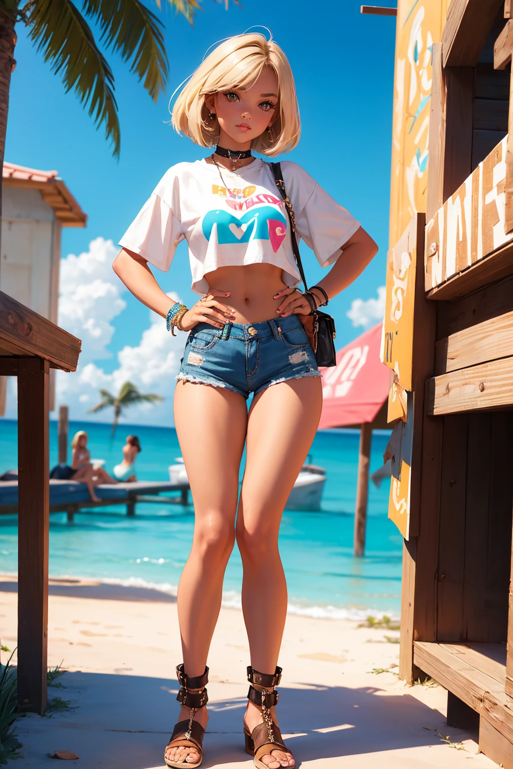 age girl-model 18 years old, beautiful, tanned, blonde, bob hair, bangs, brown eyes, beautiful figure, girl wearing crop shirt and too short mini shorts, beautiful long legs, slave bracelets, slave choker, manicure, cute makeup, flirtatiously posing, hot summer, hot flirty, sexy posing, summer outfit, top quality, higest quality, pin-up style, retro 80s style, Daisy Dukes style, slave girl, Miami vibes