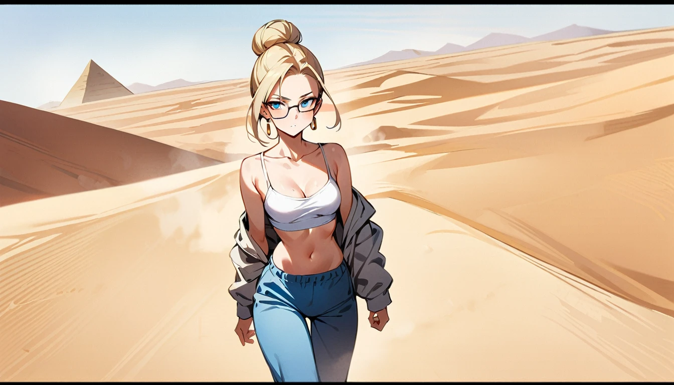 (masterpiece, best quality:1.2), solo, Android 18 from Dragon Ball, (light gray top), ((white slip-on crop top)), ((long sweatpants)), ((light gray sweatpants)), (gray hooded jacket), thighs, midriff, small breasts, sweat, blonde hair, (single hair bun), ((blue eyes)), glasses, earrings on earlobes, slender feminine figure, narrow waistline, skinny body, long legs, Egypt, walking across desert, large pyramid, daytime, clear sunny sky, sweating, cleavage, off shoulder, magnificent view, blur background, 4K