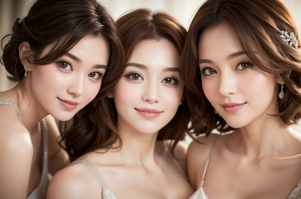 two sexy women looking at camera, flustered smiles, wedding dress, short curly auburn hair, portrait, close up to faces