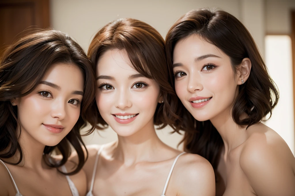 two sexy women looking at camera, flustered smiles, wedding dress, short curly auburn hair, portrait, close up to faces