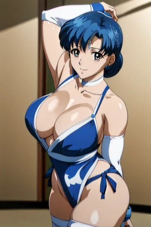 masterpiece, best quality, beautiful art, high resolution, well formed hands, body and fingers, 1 woman, solo, Sailor Mercury, blue hair, hair ornament, adult, grown up, big breasted, cleavage, sailor collar, tiara, elbow gloves, full body, braided long hair, blue_kunoichi_dress, wearing DOA Kasumi's blue kunoichi dress, sleeveless, white stockings, gorgeous legs and thighs, she is doing exercise, warming up, stretching her body, bouncing breasts, bikini thong, sexy and erotic training, working out, sweating, smiling joyfully and brightly, training montage session, beach environment