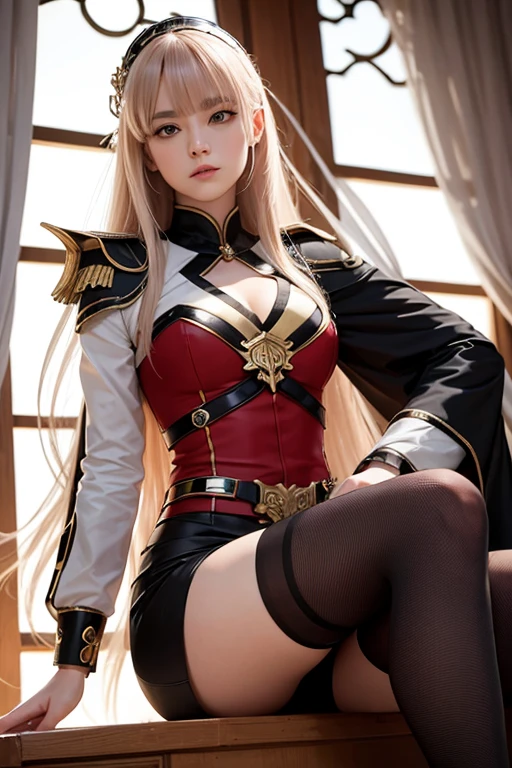 Nohime,Female generals,Gibson Tuck's Purple Hair,Holding a dagger,Wearing black armor,Wearing a red dress,Her breasts are slightly visible,Armor on the feet