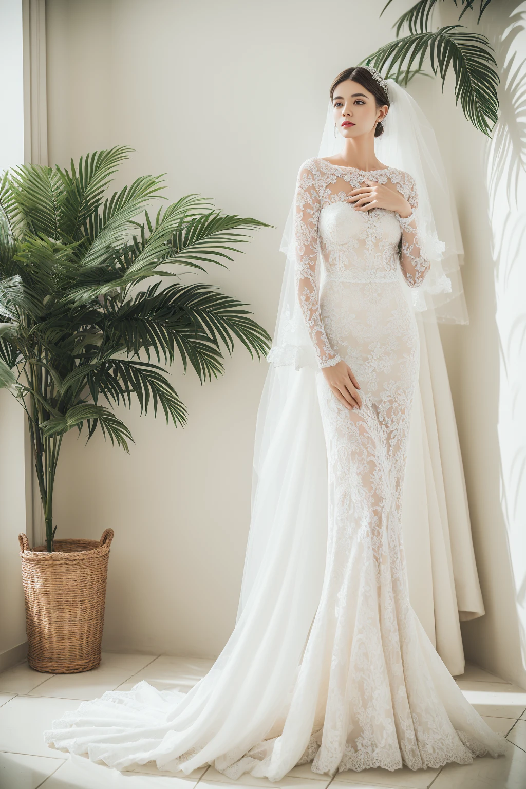 Best quality, 8k, 32k, Masterpiece, Masterpiece, (Photorealistic: 1.4), RAW photo, ultra realistic, 1girl, full body, wearing a white mermaid wedding dress, long-sleeve, floor-length style, lace fabric, Take product photos in white room with indoor decorative palm tree, look straight