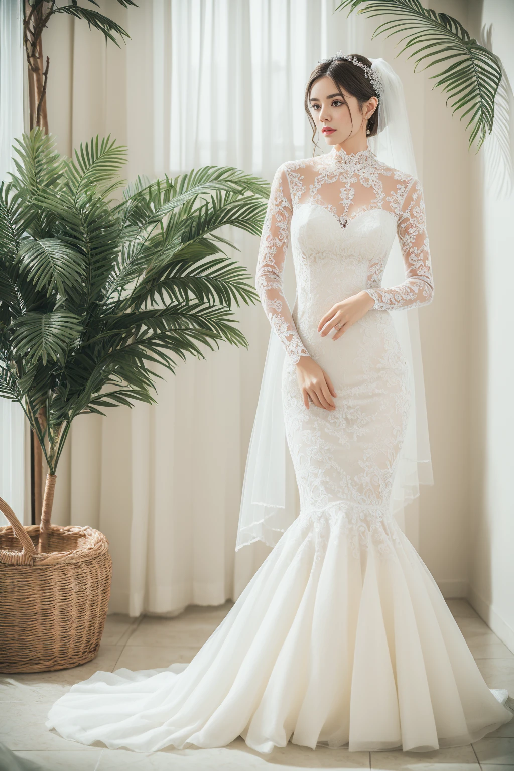 Best quality, 8k, 32k, Masterpiece, Masterpiece, (Photorealistic: 1.4), RAW photo, ultra realistic, 1girl, full body, wearing a white mermaid wedding dress, long-sleeve, floor-length style, lace fabric, Take product photos in white room with indoor decorative palm tree, look straight