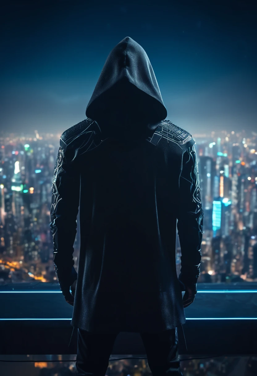 a man in a hooded futuristic outfit, standing on a ledge, observing a futuristic city at night, dark cityscape with bright lights, (best quality,4k,8k,highres,masterpiece:1.2),ultra-detailed,(realistic,photorealistic,photo-realistic:1.37),cinematic lighting,dramatic shadows,moody atmosphere,intricate details,glowing city lights,advanced technology,retrofuturistic architecture,dynamic pose,hood casting shadow on face,intense gaze