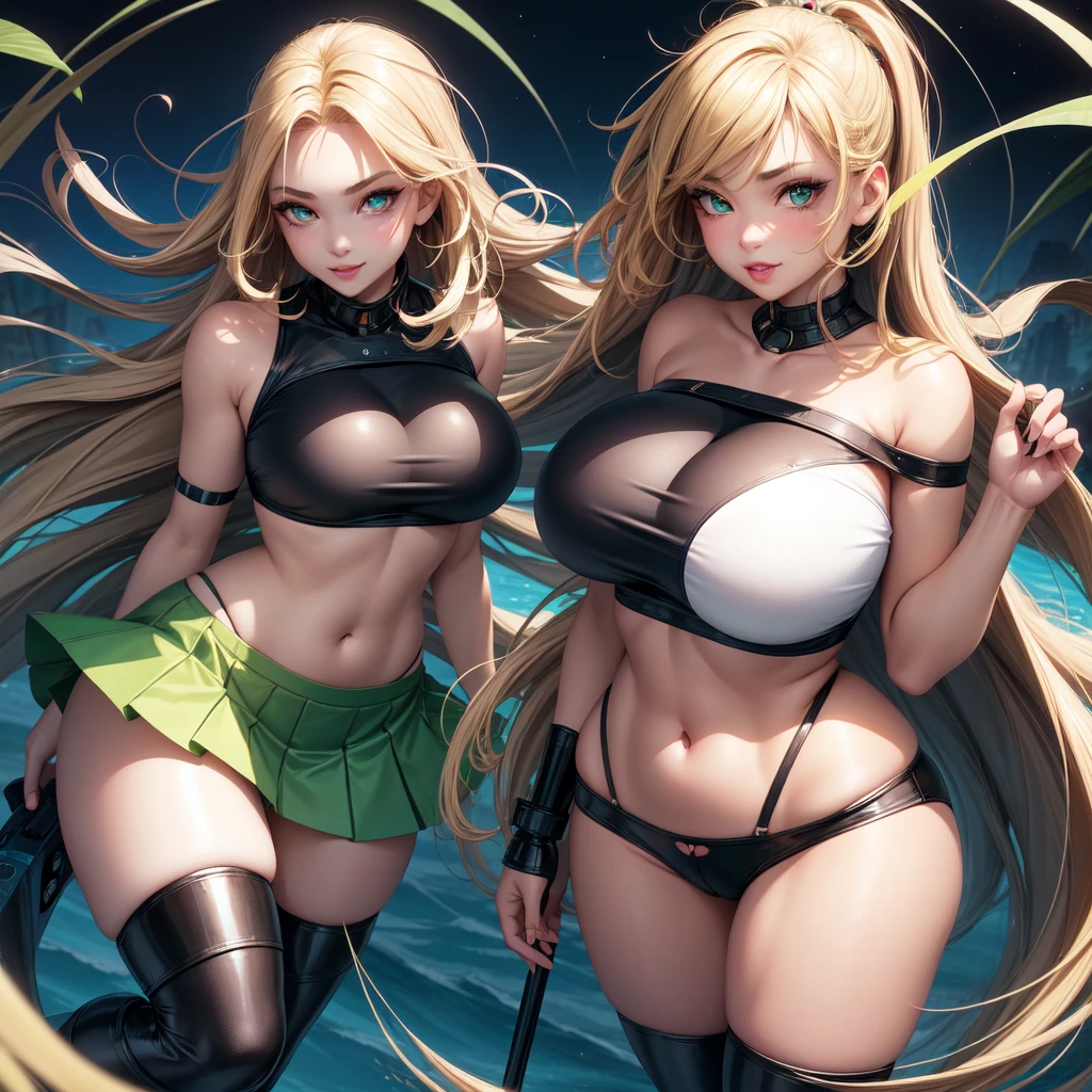 One girl on her own , Big round breasts, curvy hips, small waist, realistic, bright blonde hair, bright green eyes, sparkling eyes, amazing big eyes, eye details, eyebrow details, lip liner, glowing eyes, crop top, skirt, parted lips, blush, confident, dominant, bdsm, smirk, naughty, mischevious face